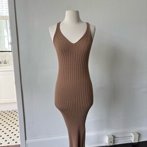 H&M Bodycon Midi Ribbed Knit Tan Dress Size XS